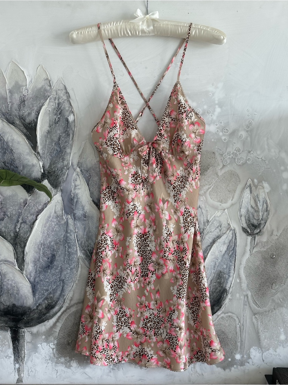 Y2K Victoria's Secret Beige Silk Slip Dress with Pink Floral & Leopard Print